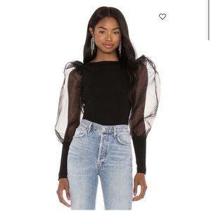 Alice & Olivia Abella Black Sheer Puff Sleeves Top